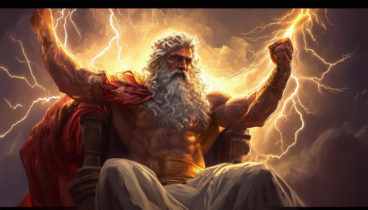 A powerful depiction of the god Zeus wielding his thunderbolt, seated on his throne as the ruler of Mount Olympus.