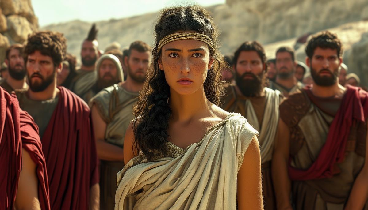 A powerful, high-resolution photograph of Antigone, a young woman in ancient Greek clothing, standing tall and proud amidst a group of men who are looking at her with a mix of surprise and admiration, conveying her defiance of traditional gender roles through her bravery and independence.
