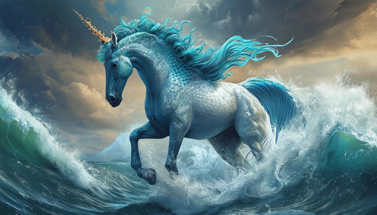 A powerful hippocampus with a horse head and fish tail, commanding the ocean waves and weather