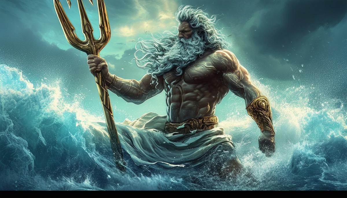 A powerful image of Poseidon, the god of the sea, wielding his trident and commanding the waves.