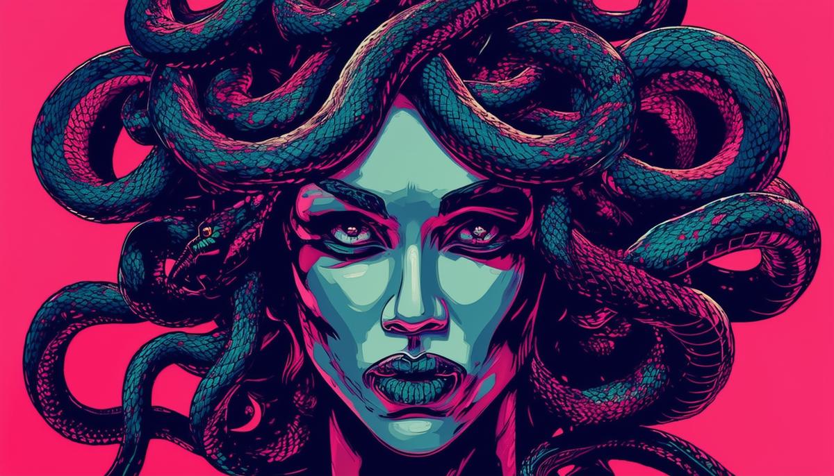 A powerful, stylized image of Medusa's face, her serpentine hair framing a determined expression, representing her modern interpretation as a feminist icon and symbol of resilience against oppression.