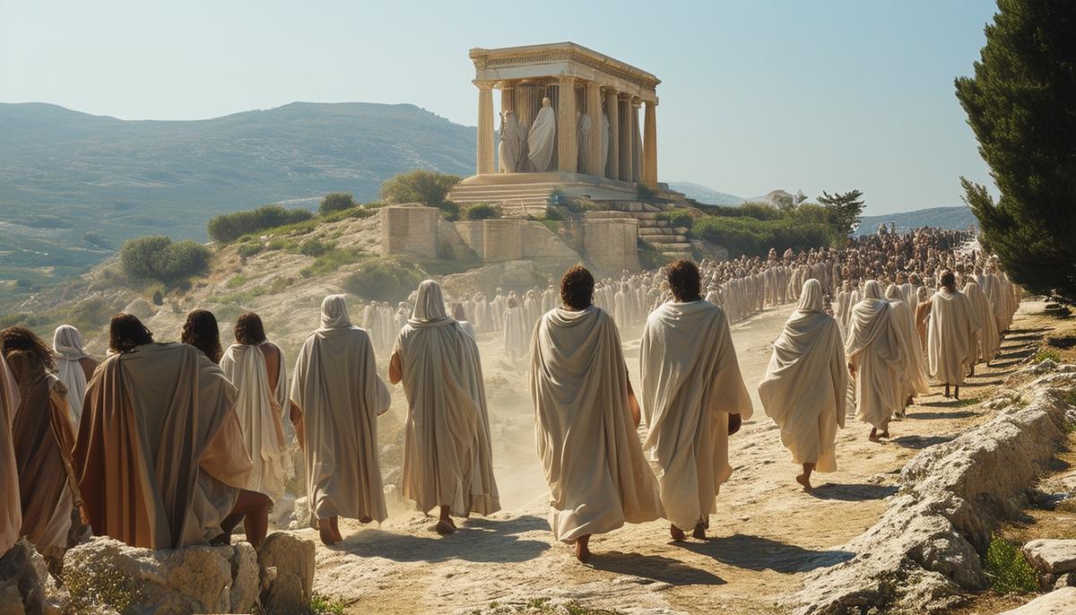A procession of robed initiates walking towards the temple of Demeter in Eleusis during the Eleusinian Mysteries