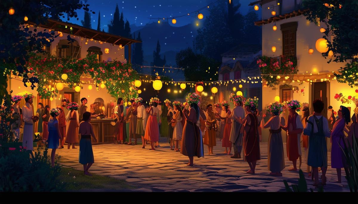 A quaint village square at night, lit by lanterns, filled with laughing people wearing floral crowns to honor Antheia at a joyous festival.