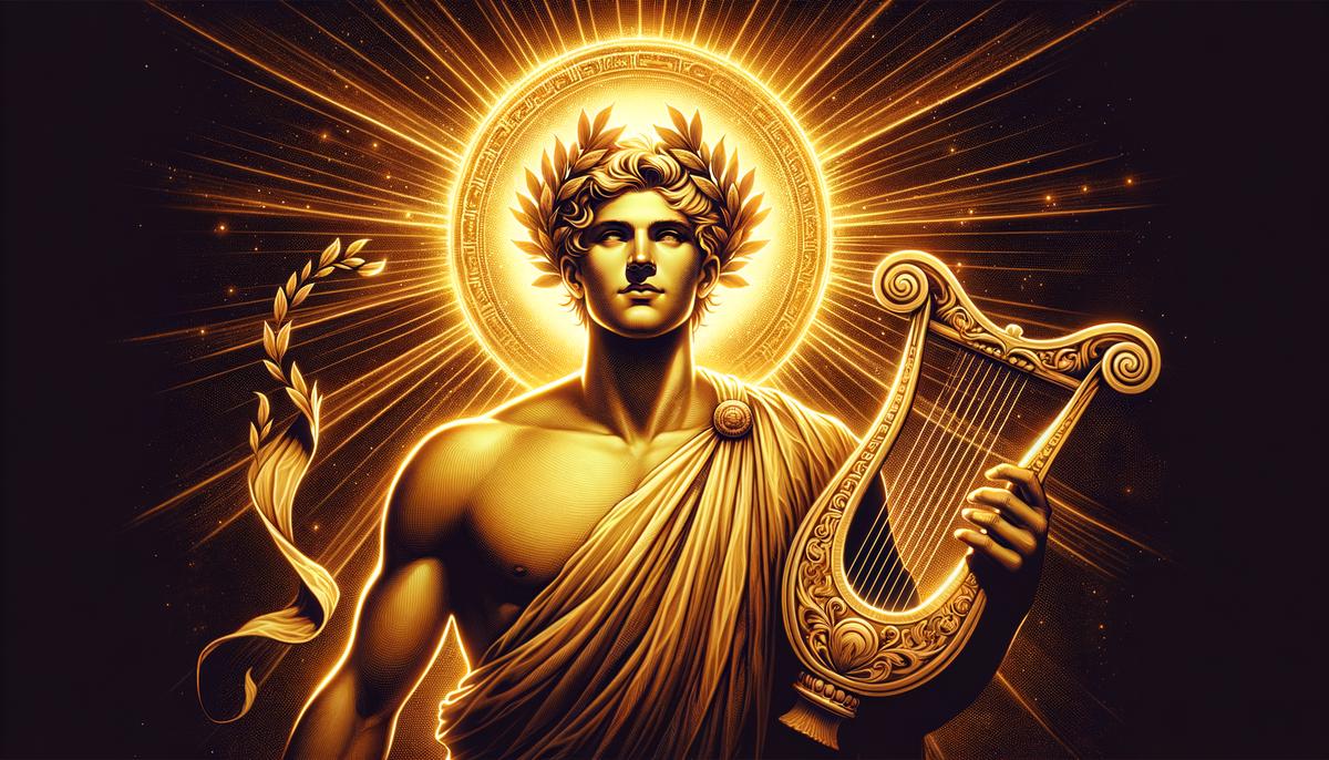 A radiant depiction of Apollo, the sun god, holding a lyre and surrounded by symbols of his domains like light and laurel wreaths.