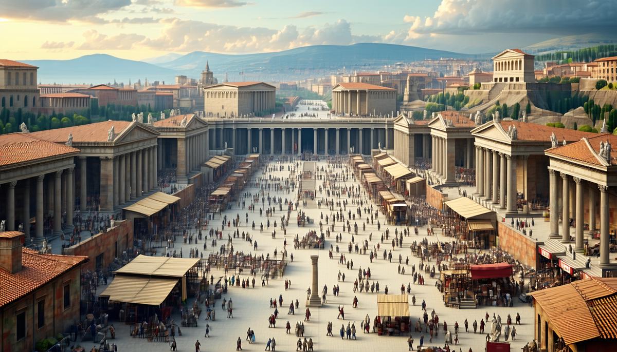 A reconstructed view of Trajan's Forum in ancient Rome, showcasing its grand colonnades, markets, and central plaza bustling with activity
