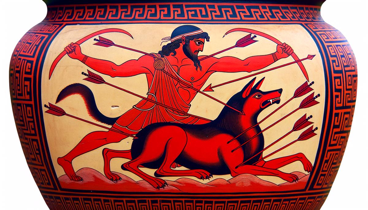 A red-figure Greek vase painting depicting the battle between Orthrus and Heracles, with Orthrus having arrows protruding from his body