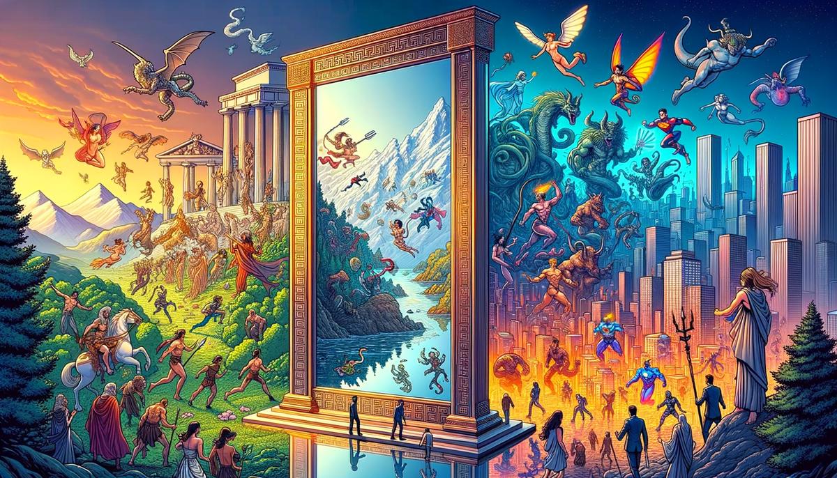 A reflective surface showing Greek mythology scenes on one side and comic book scenes on the other