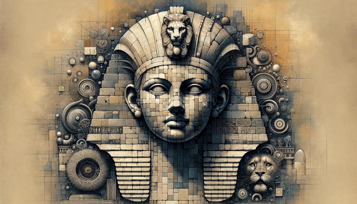 A regal Sphinx figure posing thoughtfully amidst ancient ruins and modern academic symbols