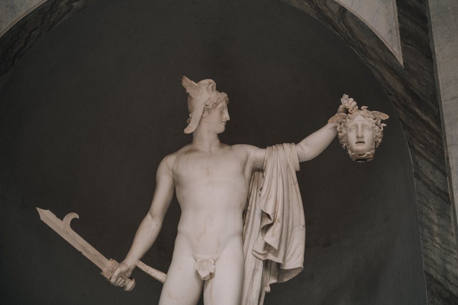 A Renaissance sculpture of Perseus holding Medusa's severed head
