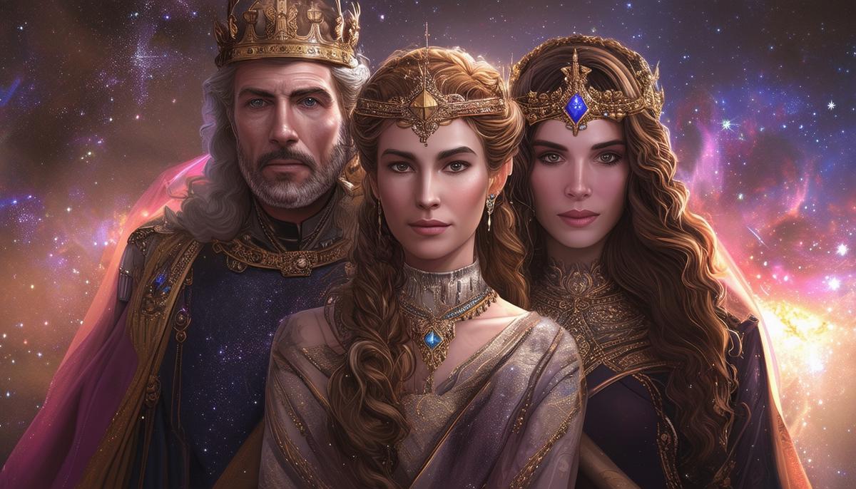 A royal family portrait of Andromeda with her parents King Cepheus and Queen Cassiopeia