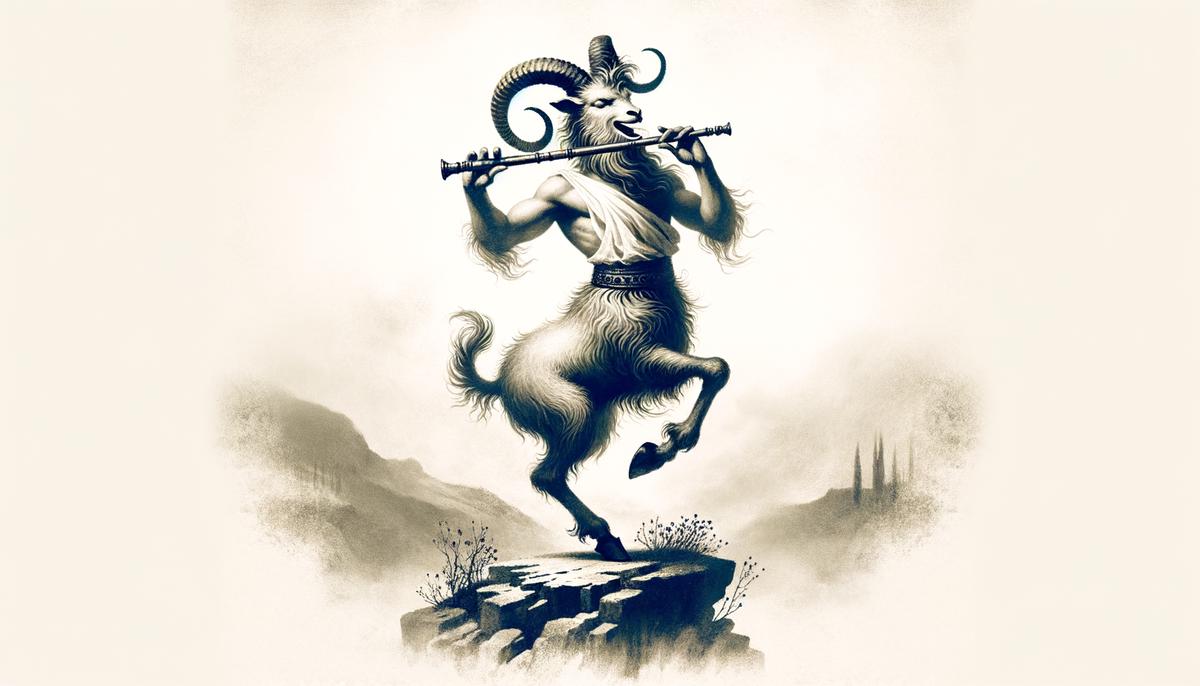 A satyr with the upper body of a man and lower body of a goat, wildly dancing and playing a flute