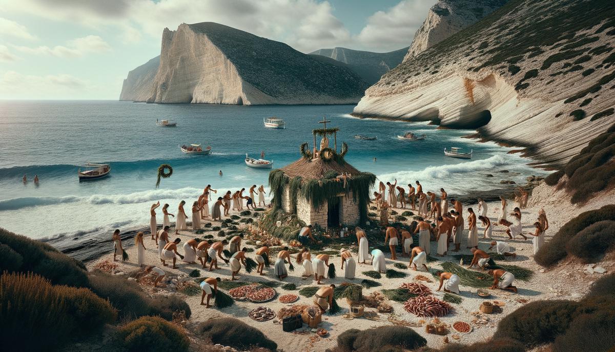 A scene depicting the worship of Ececheira along the Greek coastline. Worshippers are shown gathering at a small clifftop shrine, laying wreaths of seaweed and offering seafood to the goddess. The image captures the humble yet deeply meaningful nature of her cult.