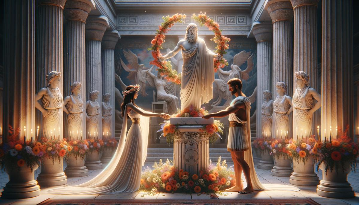 A scene from an ancient Greek wedding ceremony, with the bride and groom holding hands before an altar while Peitho blesses their union with persuasive words and eternal love.