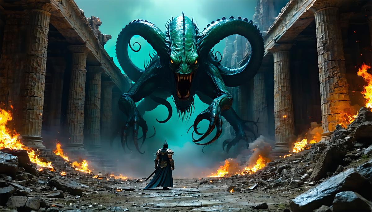 A scene from Clash of the Titans showing Perseus facing Medusa and the Kraken, highlighting Ray Harryhausen's stop-motion creatures