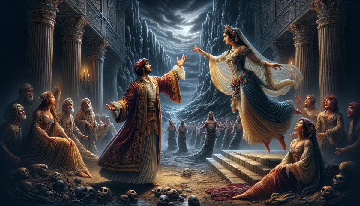 A scene from Monteverdi's baroque opera L'Orfeo, with richly costumed performers portraying Orpheus and Eurydice on an ornate stage set representing the Underworld.