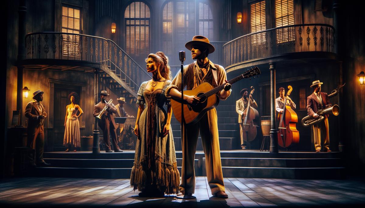 A scene from the Hadestown musical with actors portraying Orpheus and Eurydice