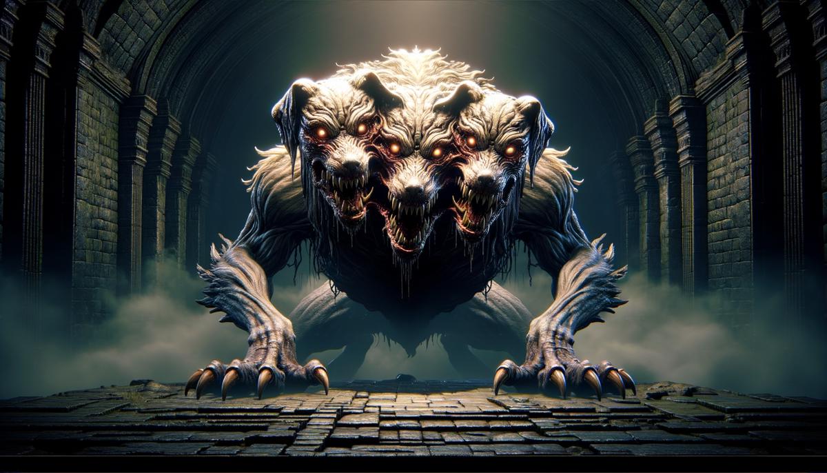 A screenshot from a fantasy video game featuring a two-headed dog-like creature as a boss