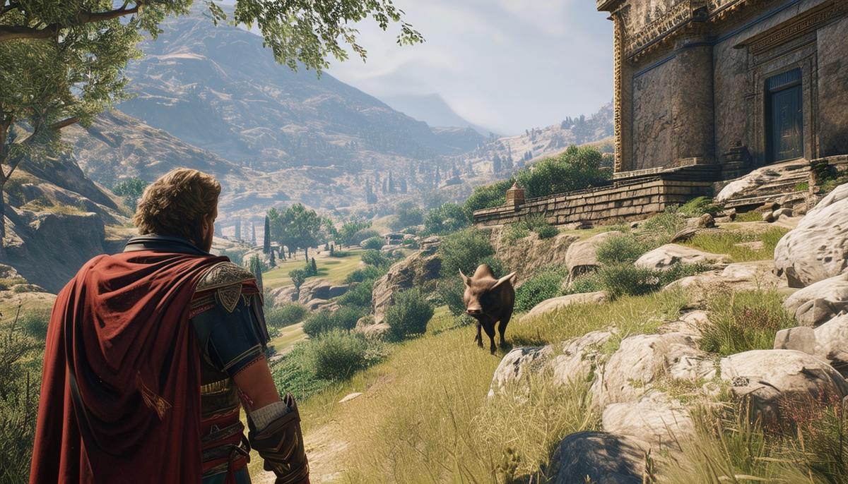 A screenshot from Assassin's Creed Odyssey showing the Erymanthos Foothills region, with the player character scanning for clues to find the Erymanthian Boar