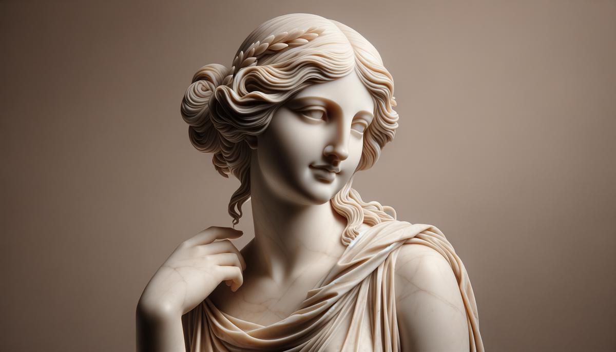 A sculpture of Peitho, the Greek goddess of persuasion, depicted as a youthful and graceful figure with a subtle smile and flowing robes.