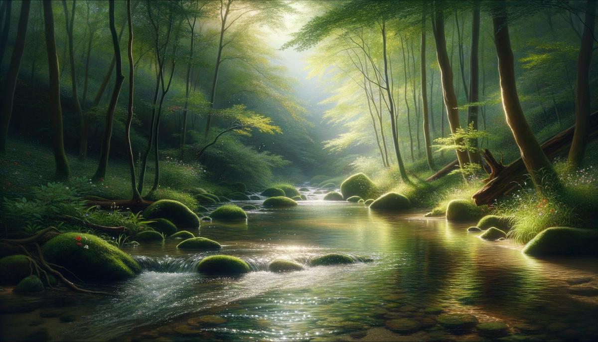 A serene forest stream embodying Aura's transformed essence, with subtle hints of her mythological legacy
