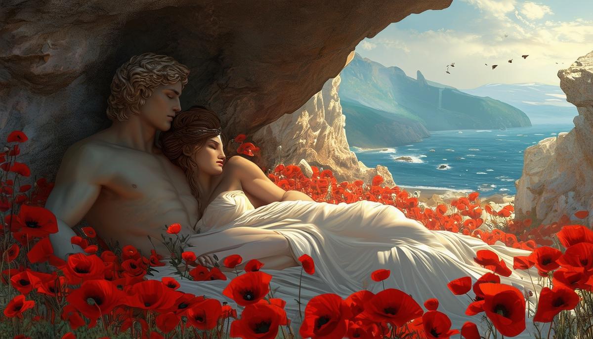 A serene illustration of Hypnos, the Greek god of sleep, and his wife Pasithea, the goddess of relaxation, resting together in a cave surrounded by poppies near the edge of the world.