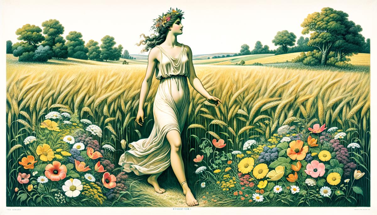A serene image of Demeter, the goddess of agriculture and fertility, surrounded by lush fields of crops and blooming flowers.
