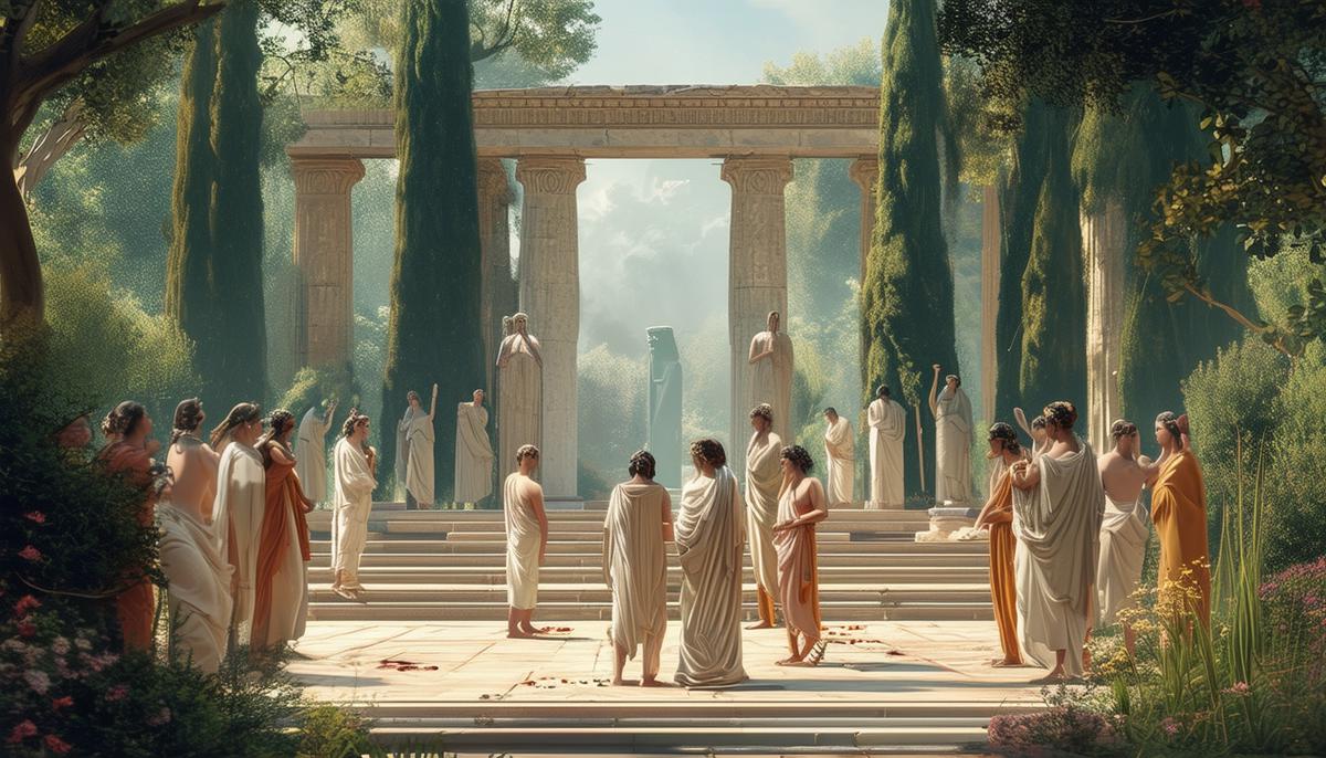 A serene sanctuary dedicated to Leto, with ancient Greek worshippers paying homage to the goddess known for her resilience and maternal love.