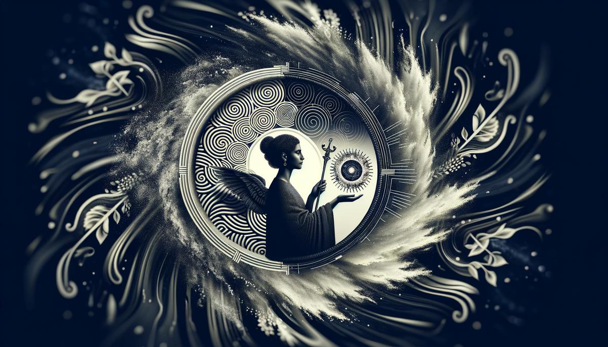 A serene woman balancing chaos and peace symbols