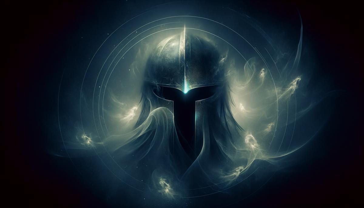 A shadowy, ethereal helmet partially visible in swirling darkness, with faint outlines of souls in the background