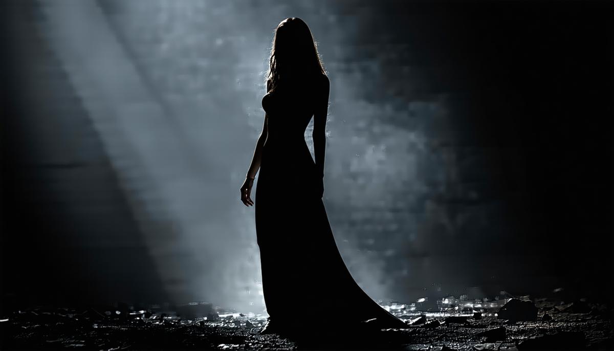 A shadowy female figure representing Oizys, the Greek goddess of misery, emerging from darkness