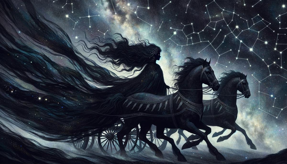 A shadowy figure of Nyx, the Greek goddess of night, riding a chariot across a starry sky