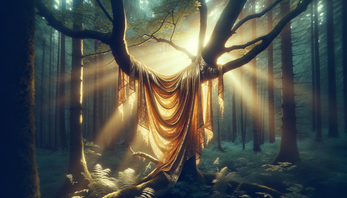 A shimmering golden fleece draped over a tree branch in a mystical forest setting