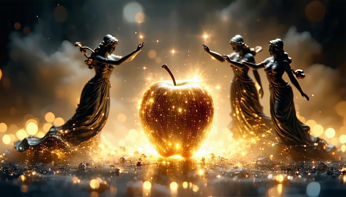 A shining golden apple inscribed 'To the fairest' surrounded by the silhouettes of three goddesses reaching for it