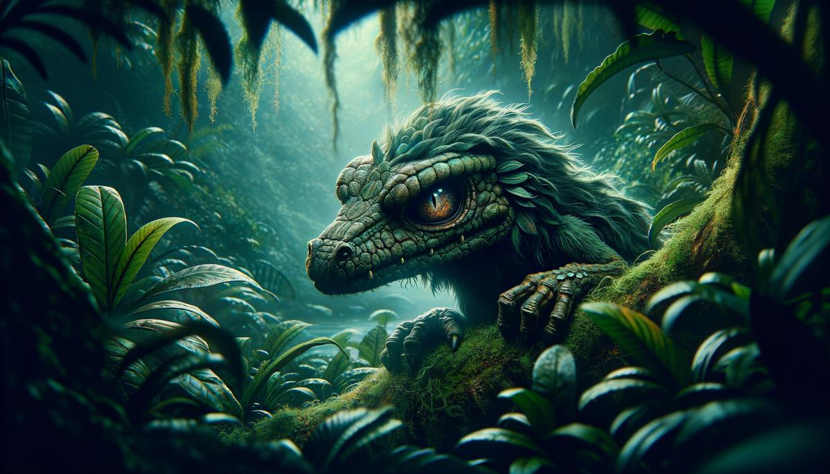 A small, menacing Eloko with a crocodile head, hiding among dense jungle foliage, ready to pounce on unsuspecting prey