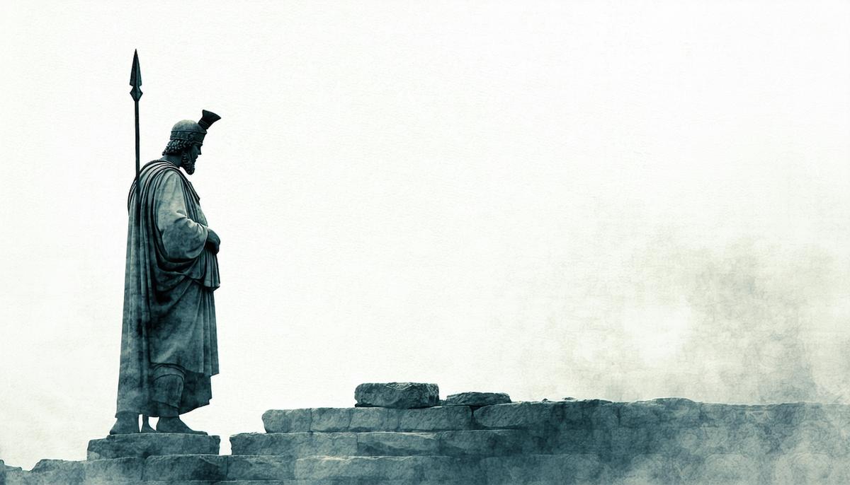 A solitary Greek god observing mortal life from afar