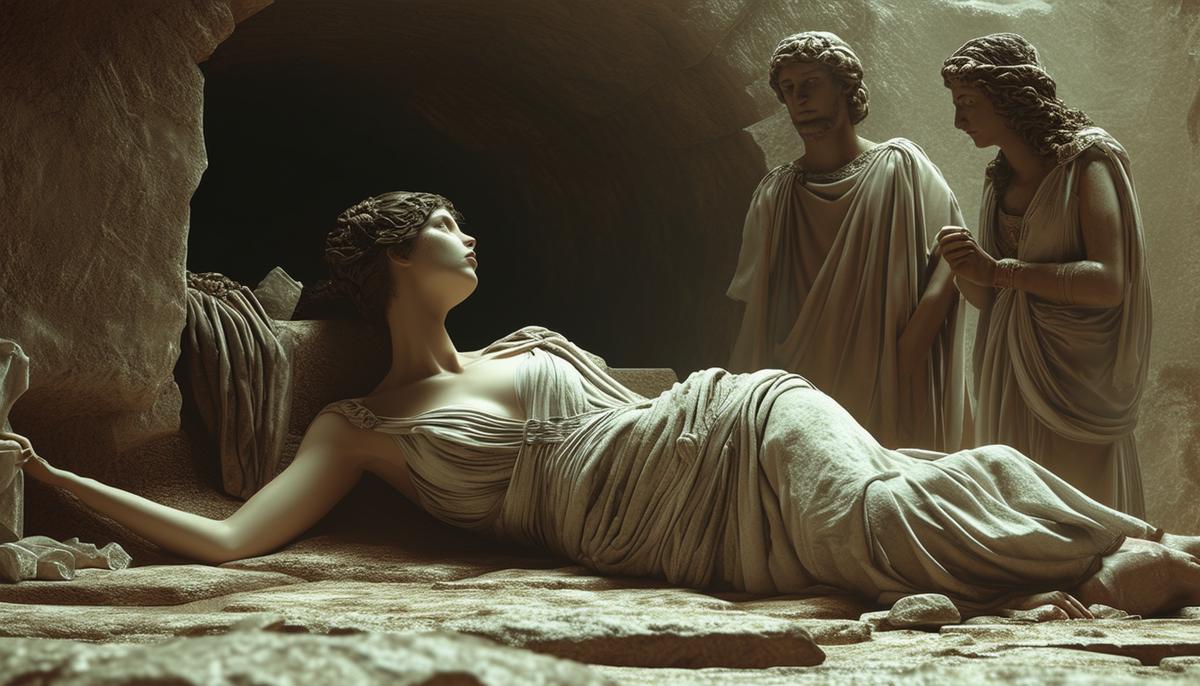 A somber, high-resolution photograph of Antigone, a young woman in ancient Greek clothing, lying lifeless in a tomb, with the figures of Haemon and Eurydice mourning over her, conveying the tragic consequences of her unwavering courage and the impact on those around her.