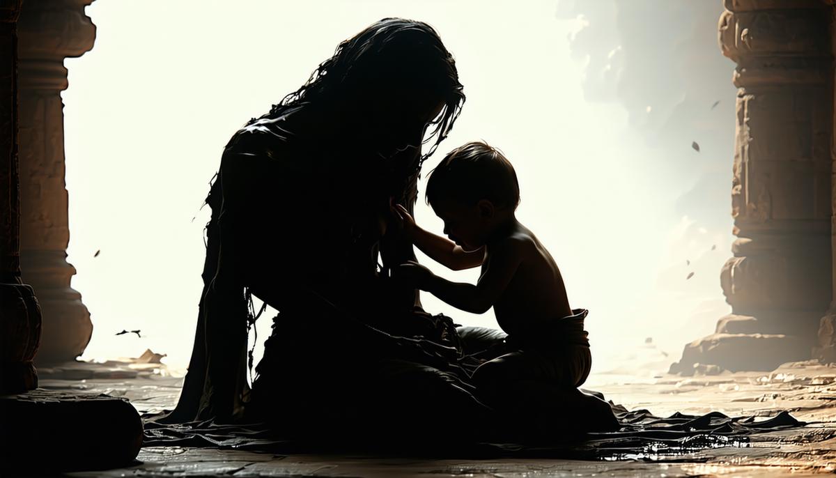 A somber Lamia figure cradling a child, surrounded by shadows and light