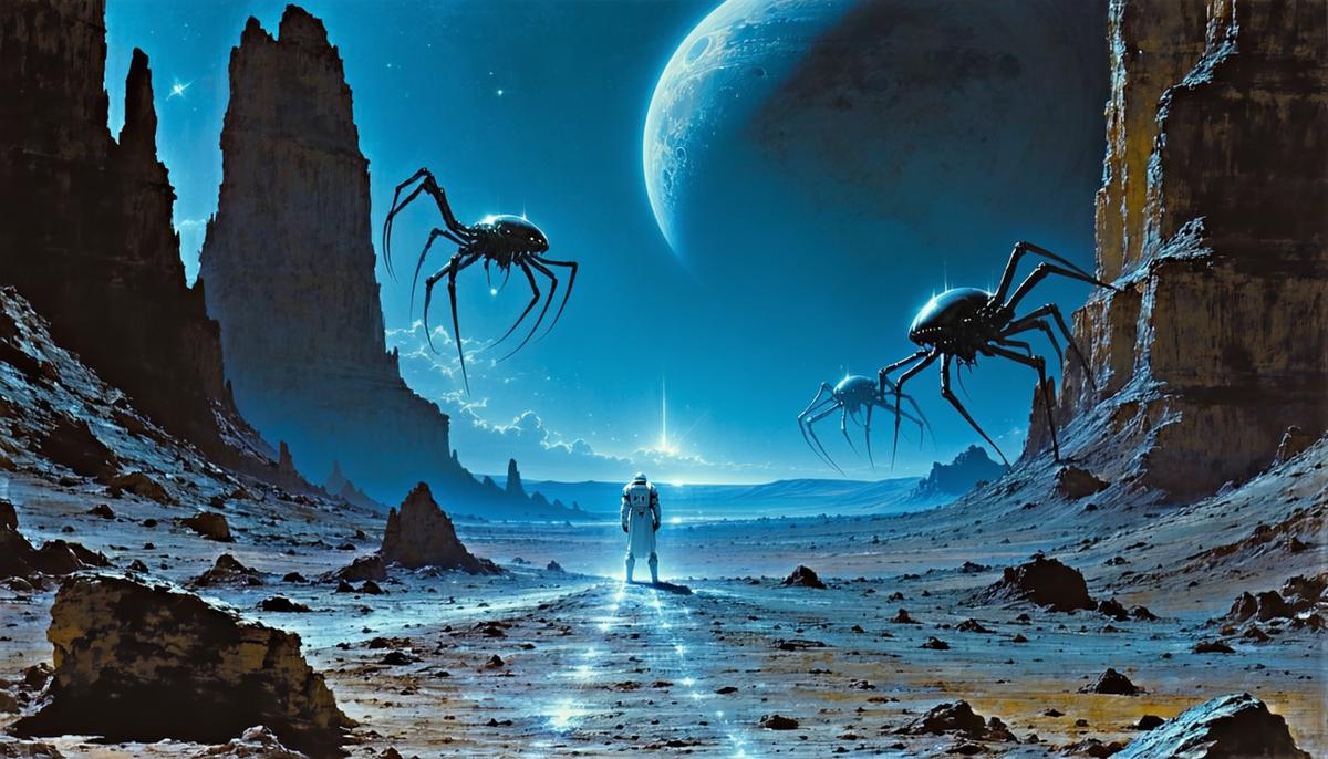 A space-suited figure resembling Odysseus facing alien creatures on a distant planet