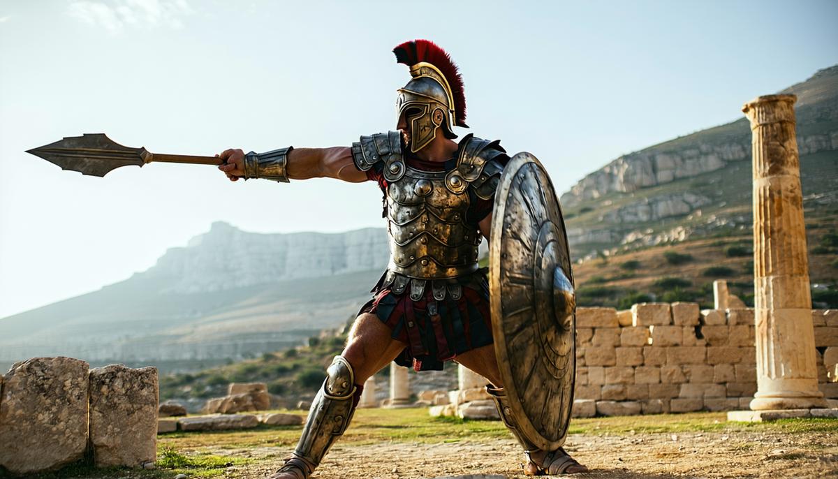 A Spartan warrior in full armor training with a spear against a backdrop of ancient Sparta