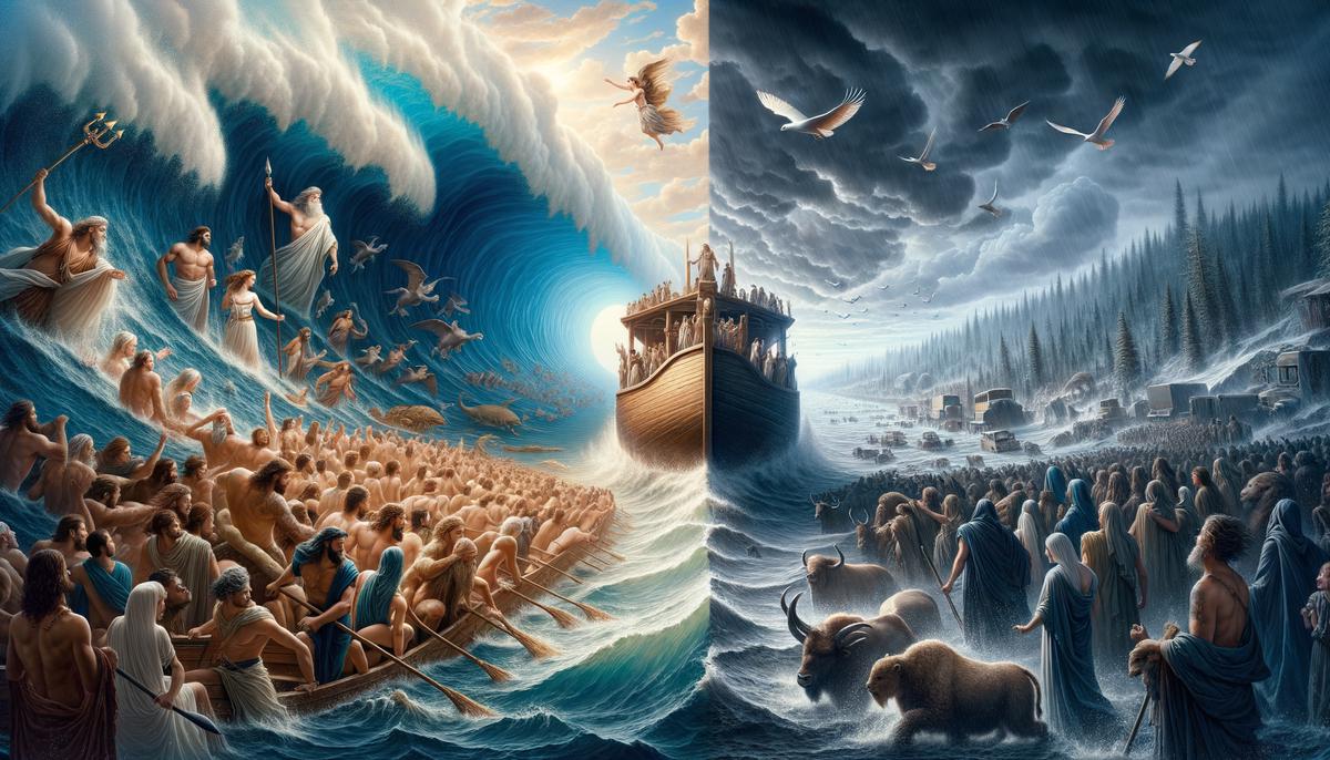 A split image comparing the Greek flood myth and the Biblical flood story, highlighting the key differences and similarities between the two tales.