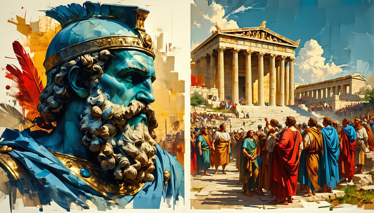 A split image contrasting Polyphemus with civilized Greek society