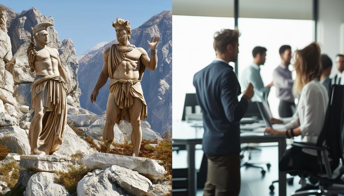 A split image showing ancient Greek gods in dramatic poses on Mount Olympus and modern people in similar poses in an office setting