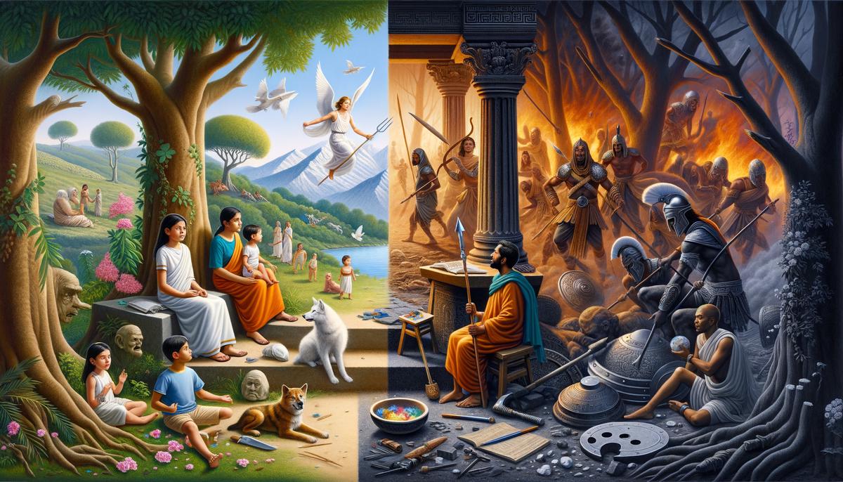 A split image showing the contrast between the Silver and Bronze Ages in Greek mythology