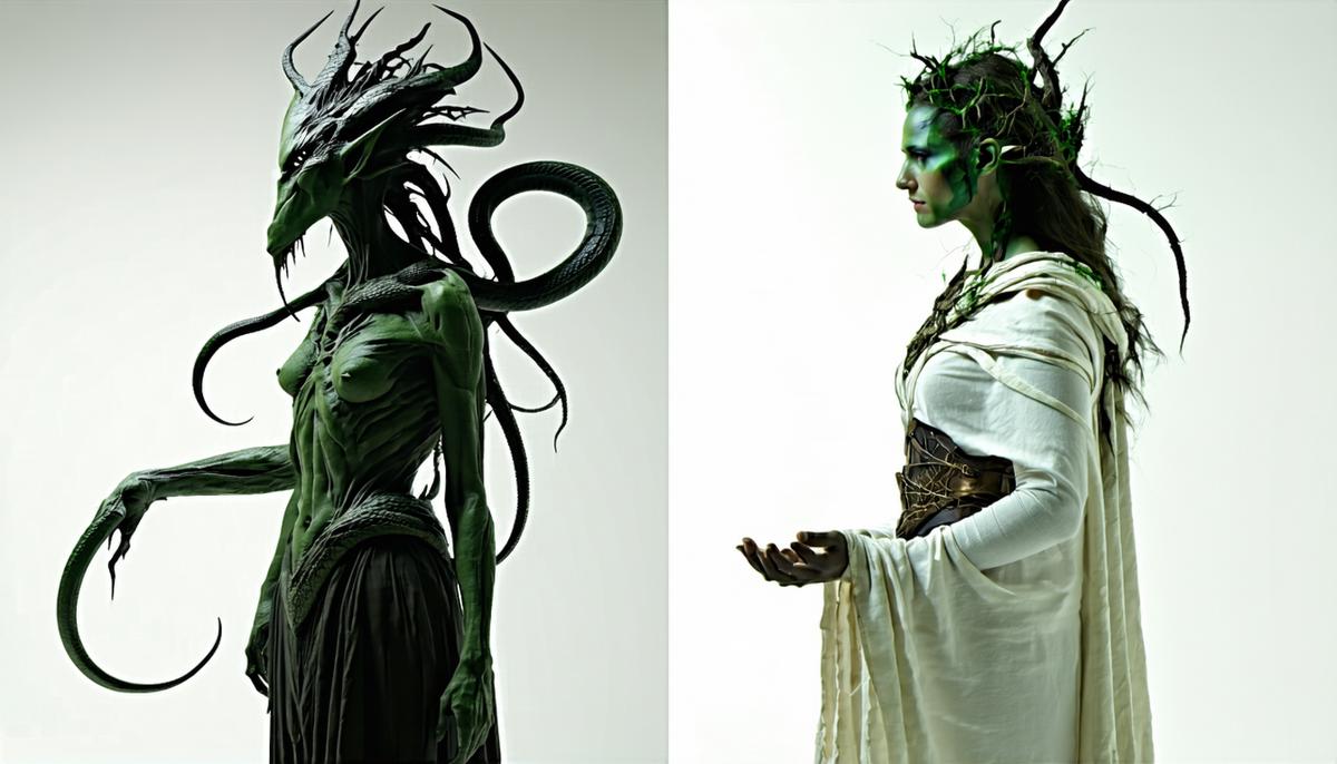 A split image showing the Furies transforming from vengeful beings with snake hair to more benevolent figures in white robes