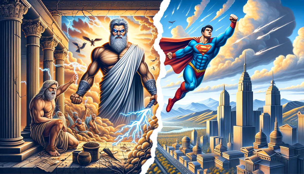 A split image showing Zeus on Mount Olympus and Superman in Metropolis