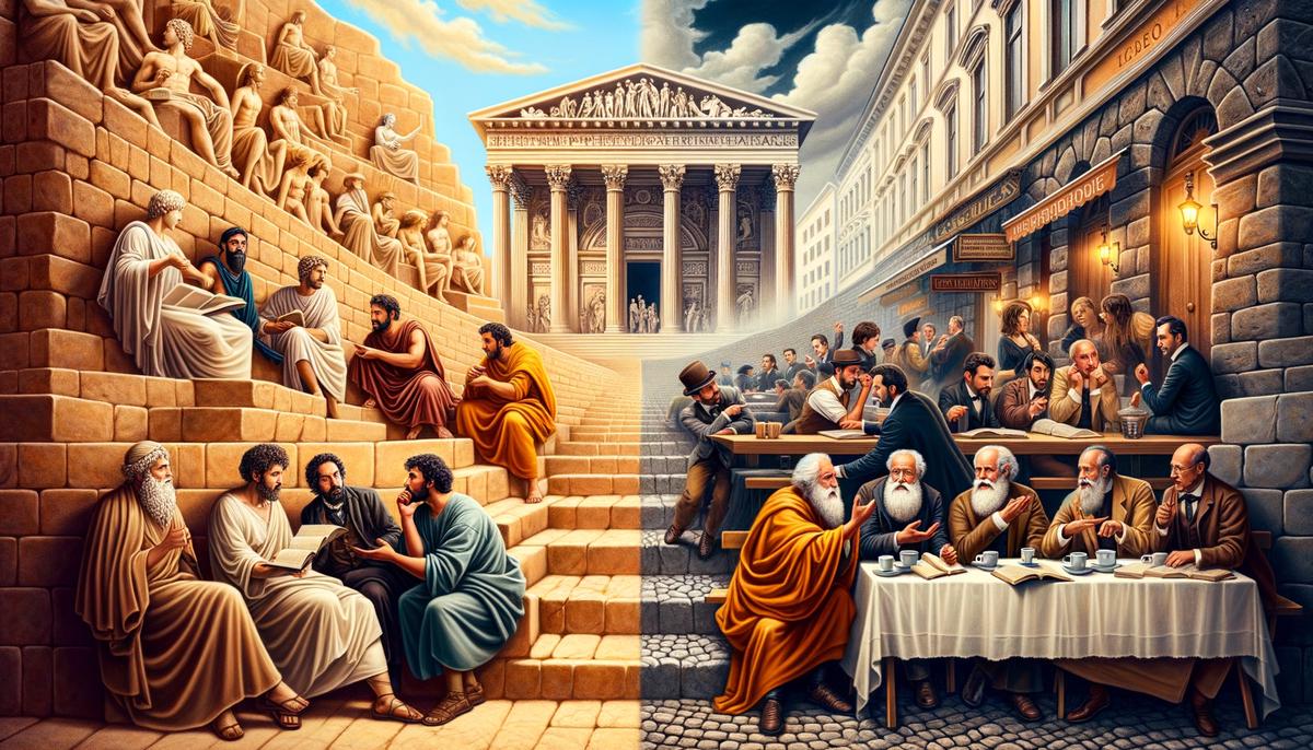A split scene showing an ancient Greek amphitheater on one side and a bustling Viennese cafe on the other