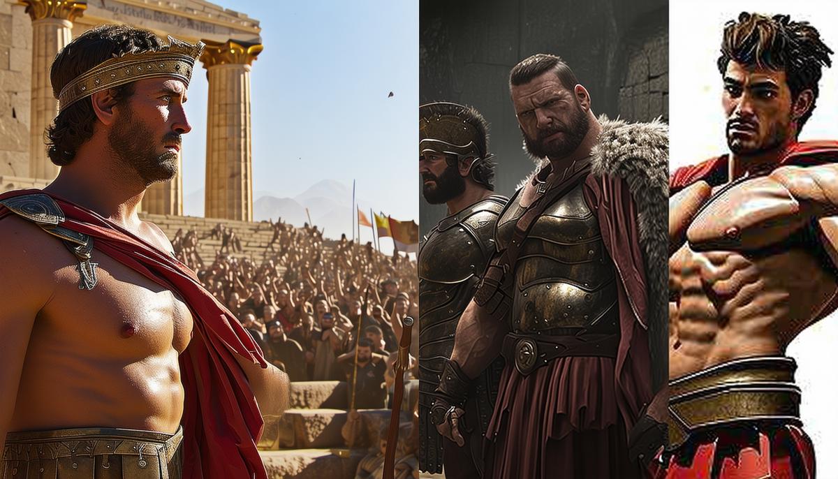 A split-screen image showing ancient Greek heroes facing trials alongside modern interpretations in video games and movies