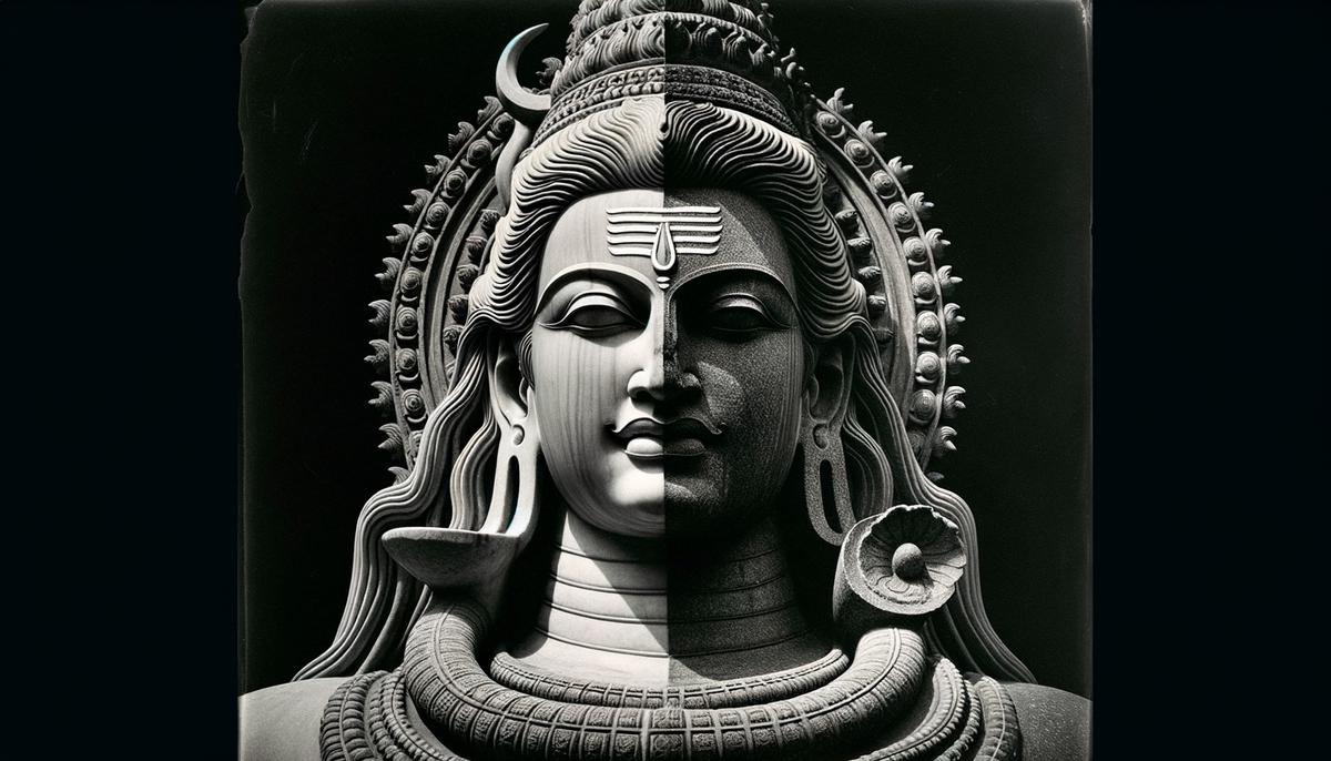A statue of Ardhanarishvara, half Shiva and half Parvati, embodying perfect balance between masculine and feminine traits