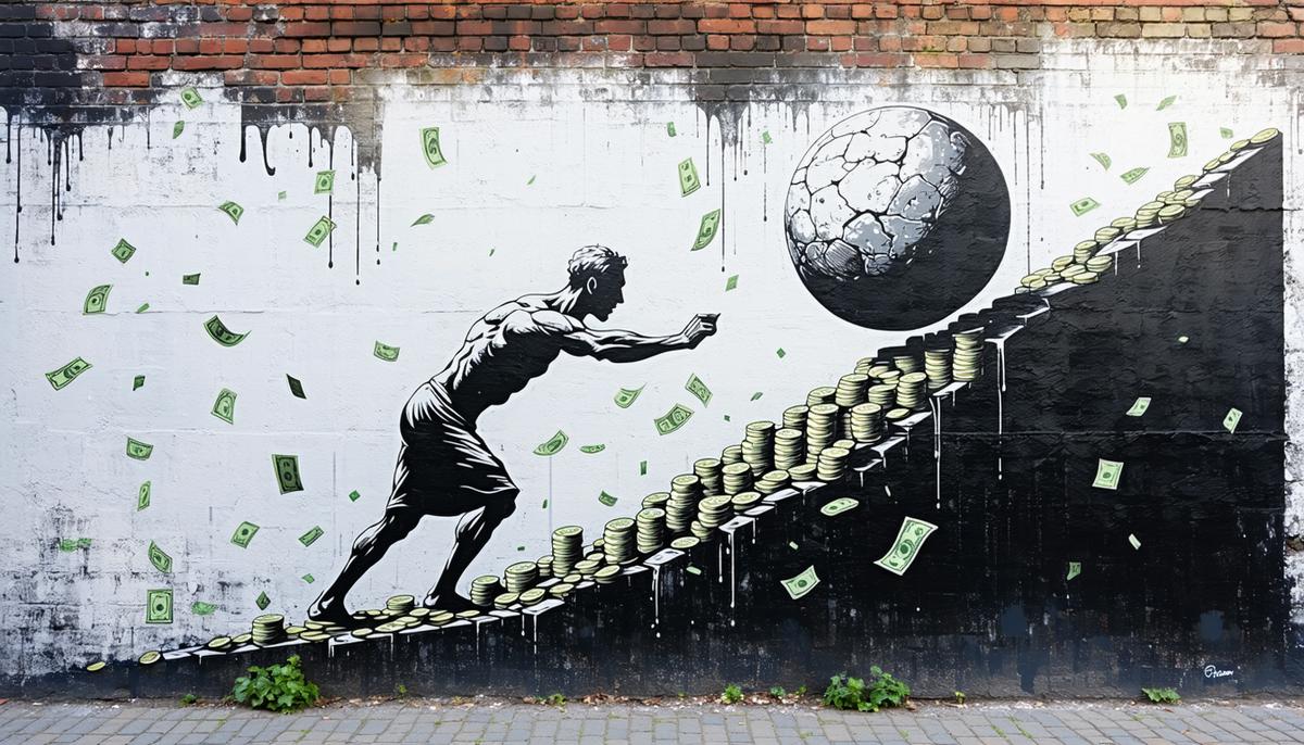 A street art mural depicting Sisyphus pushing a boulder made of money up a hill