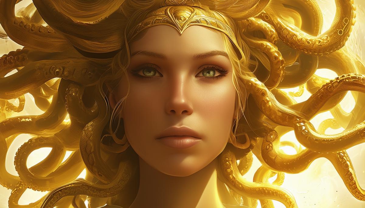 A striking portrait of Medusa as a beautiful young priestess, her golden hair flowing and face radiant, within the sacred halls of Athena's temple.